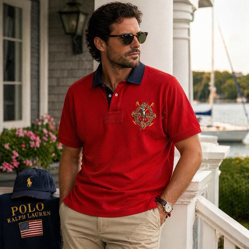 Vintage Polo Ralph Lauren Big Pony Rugby Polo Shirt 2XLT Red Blue Crest Tall